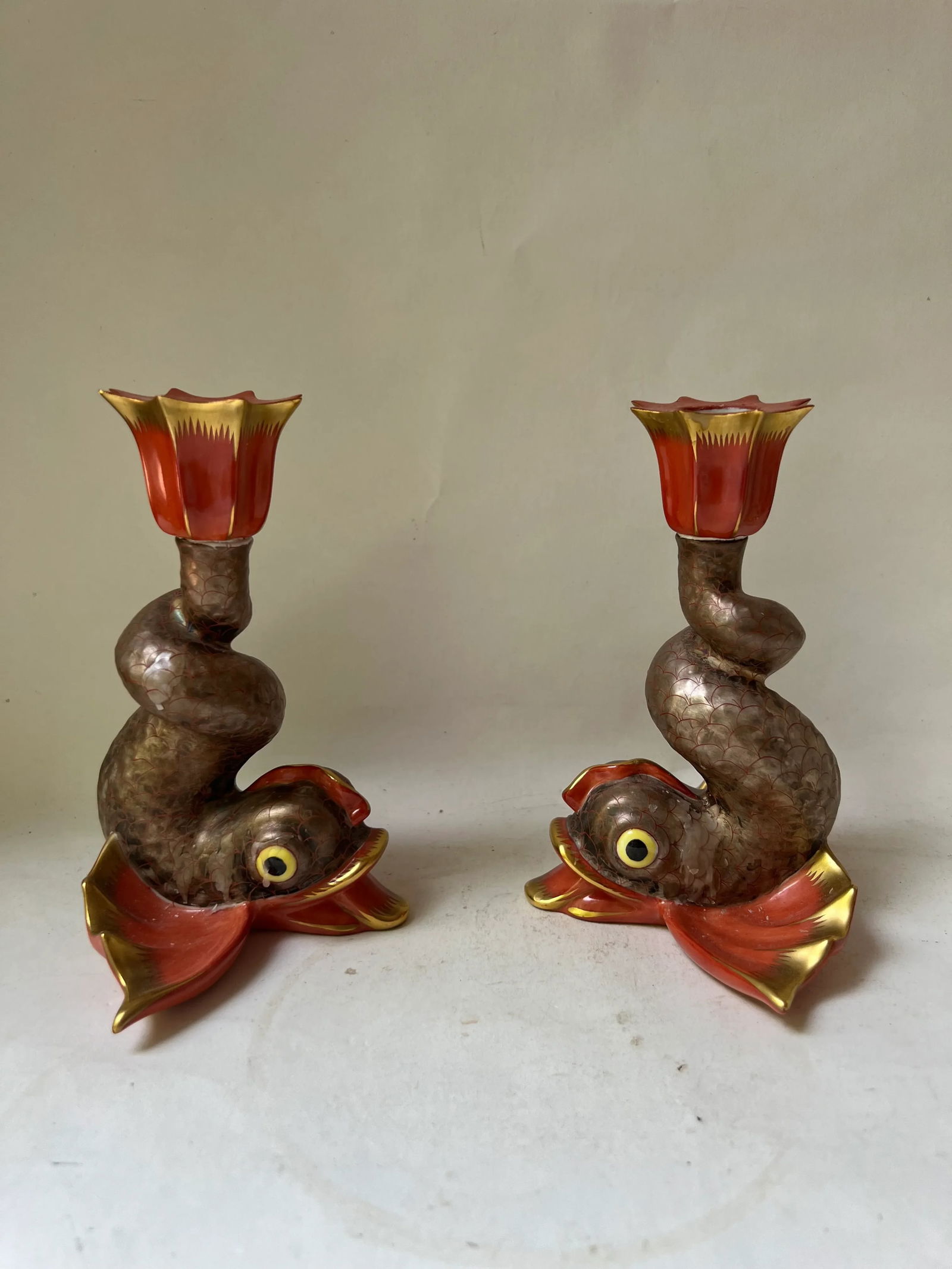 Vintage Herend Porcelain Hungary Koi Fish Figure Candleholders Candlesticks- a Pair - 3