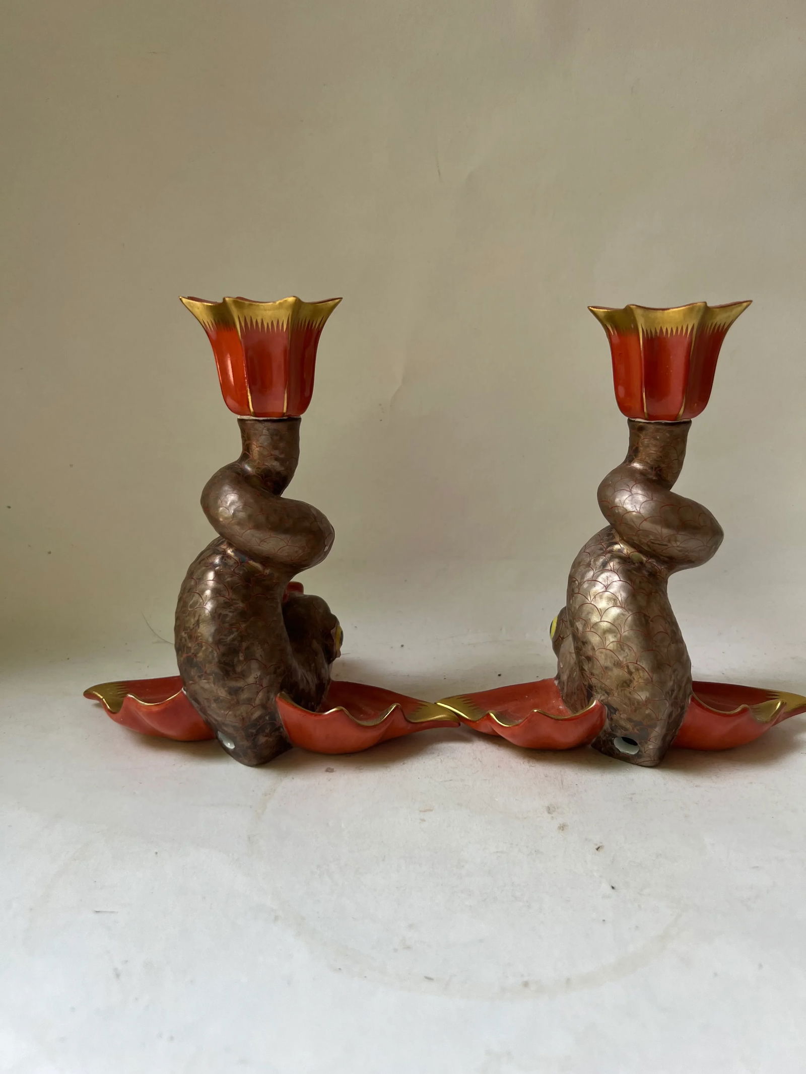 Vintage Herend Porcelain Hungary Koi Fish Figure Candleholders Candlesticks- a Pair - 4