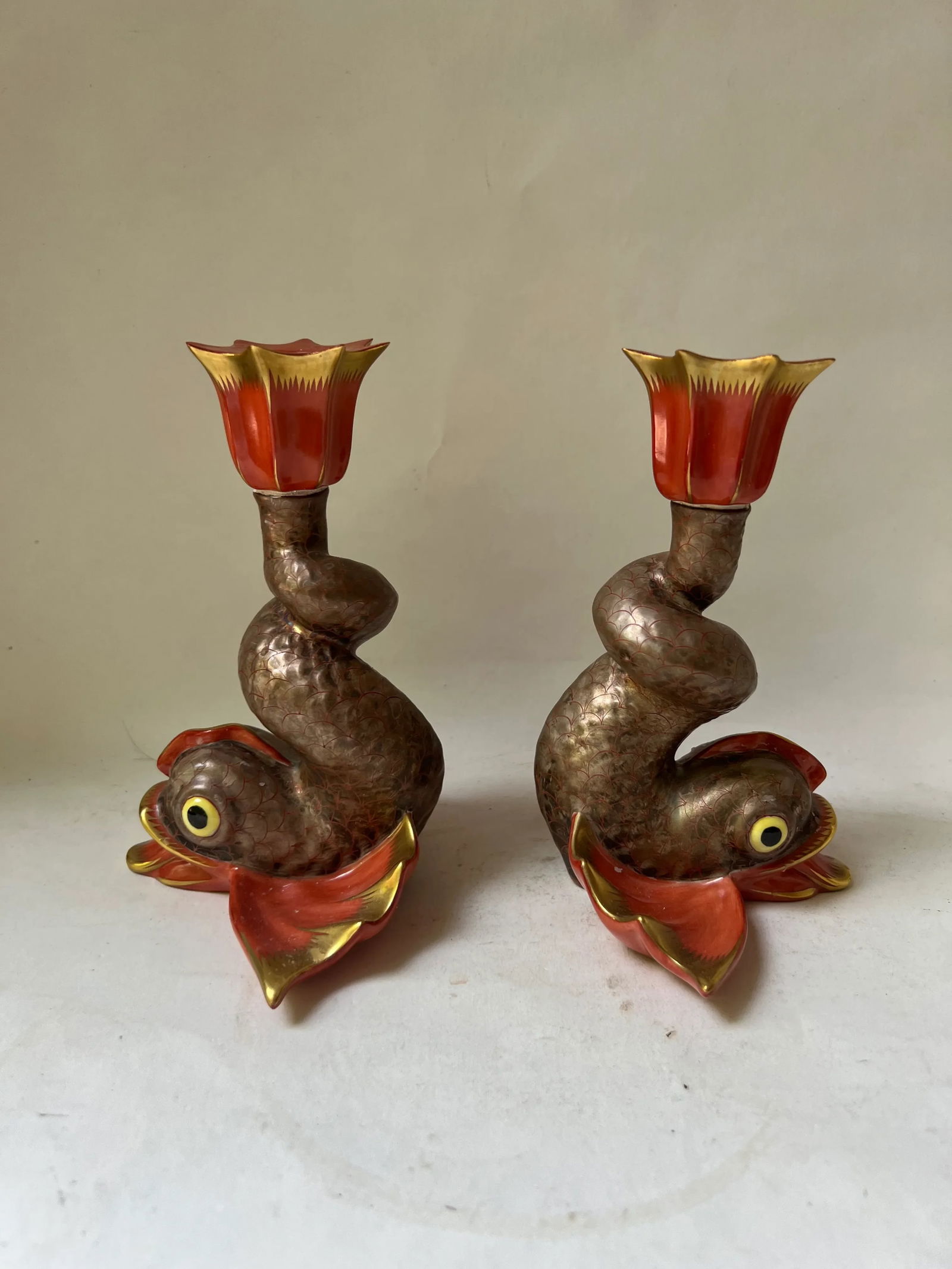 Vintage Herend Porcelain Hungary Koi Fish Figure Candleholders Candlesticks- a Pair - 5
