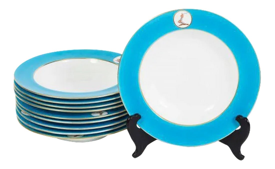 Minton China Turquoise Rim Bowls - Set of 10: Set of ten Minton China turquoise rim bowls with armorial crest. Condition: Original Condition Unaltered; Some Imperfections; Good - Moderate wear and tear, but still has good years left Dimensions: H