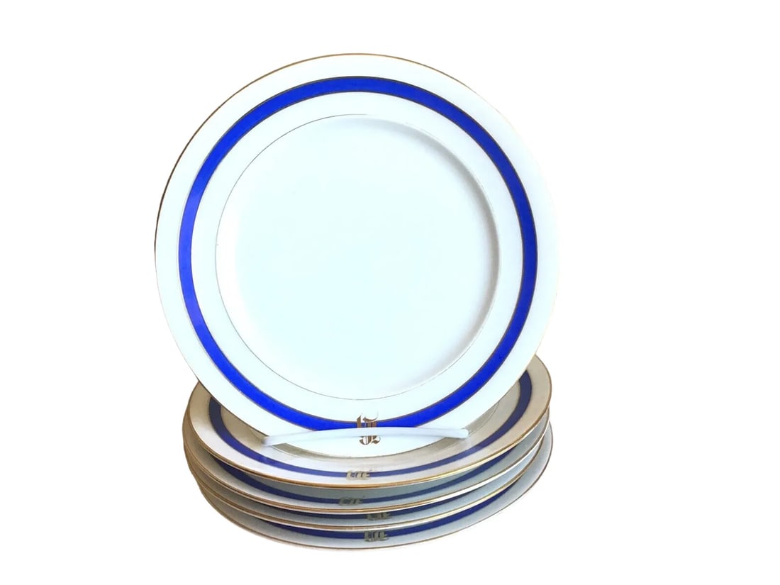 Antique Cfh Haviland Limoges France Blue Gold Monogrammed Salad Plates- Set of 5 - 7