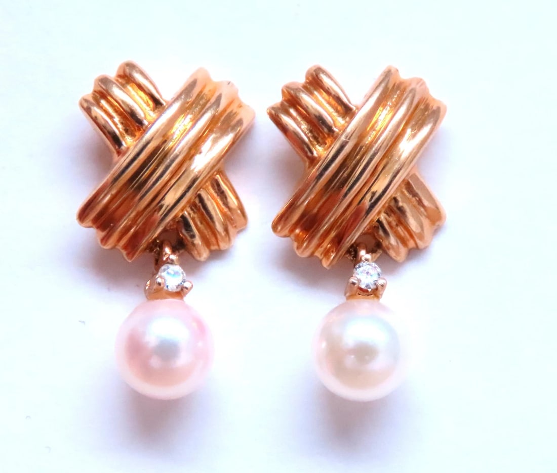 5.5mm Cultured Pearl Dangle ''x'' Earrings 14kt Gold Retro 12599** (1 of 4)