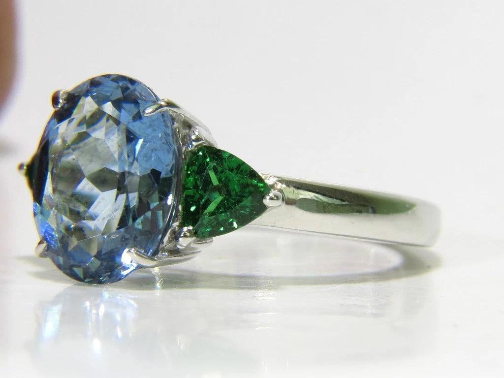 3.98CT NATURAL AQUAMARINE TSAVORITE RING MODERN 3 14KT - 3