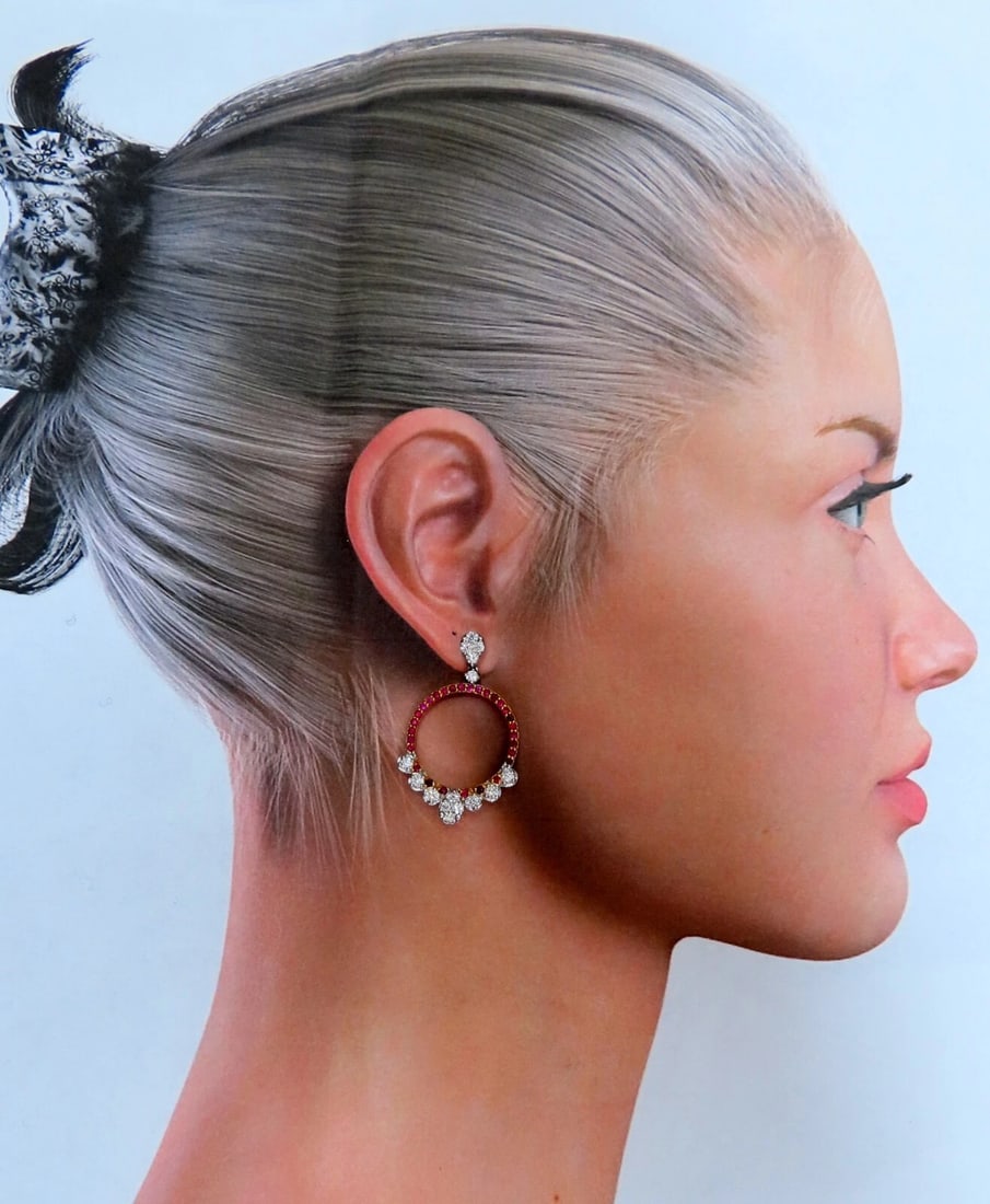 Ruby Diamonds Earrings Dangle Circle 14kt Gold Natural** - 3