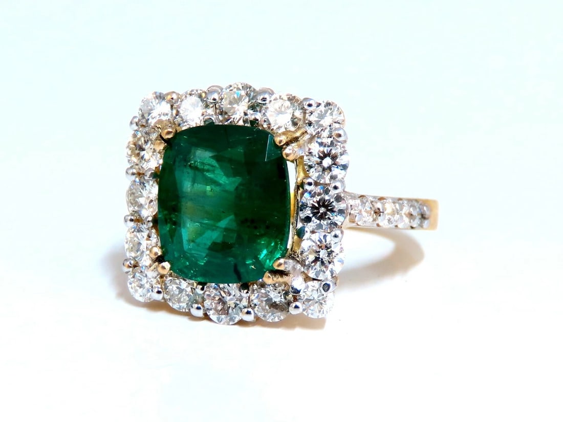 5.80ct Natural Emerald Diamonds Squared Halo Cluster Ring 14kt - 2
