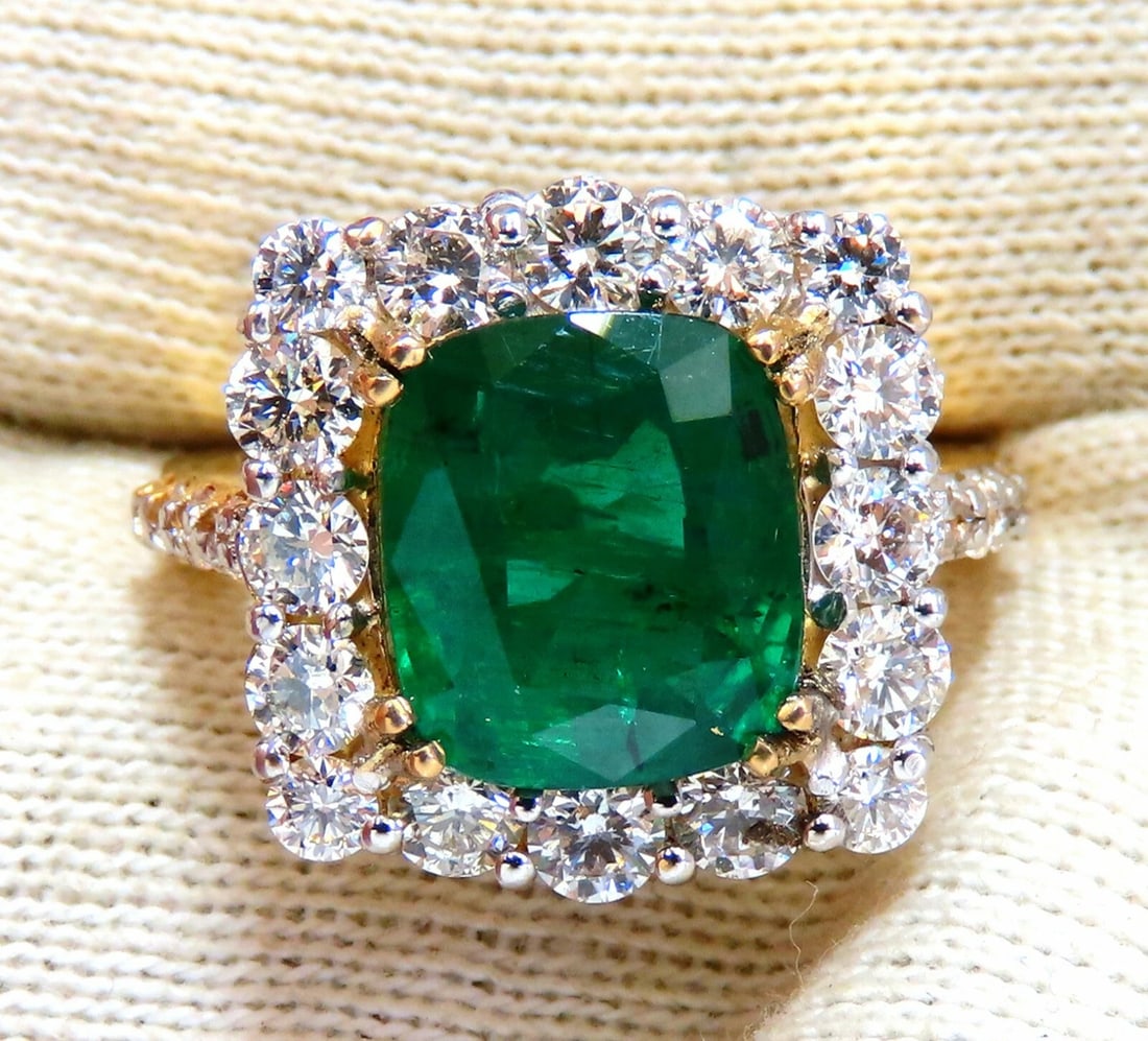5.80ct Natural Emerald Diamonds Squared Halo Cluster Ring 14kt - 6