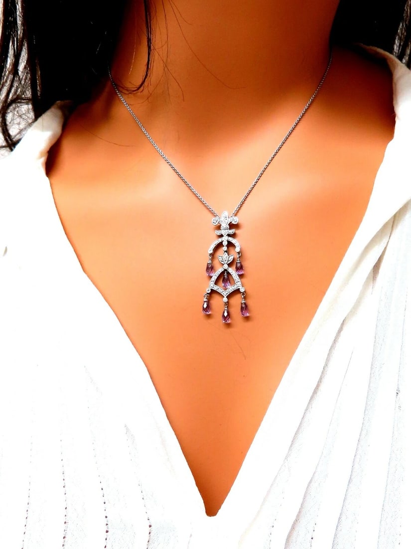 2.50ct Natural Briolette Amethyst Diamonds English Crest Dangle Necklace 14kt** - 4