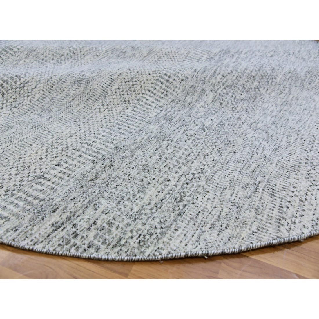 Gray Undyed Pure Wool Grass Design Hand Knotted Round Oriental Rug - 6