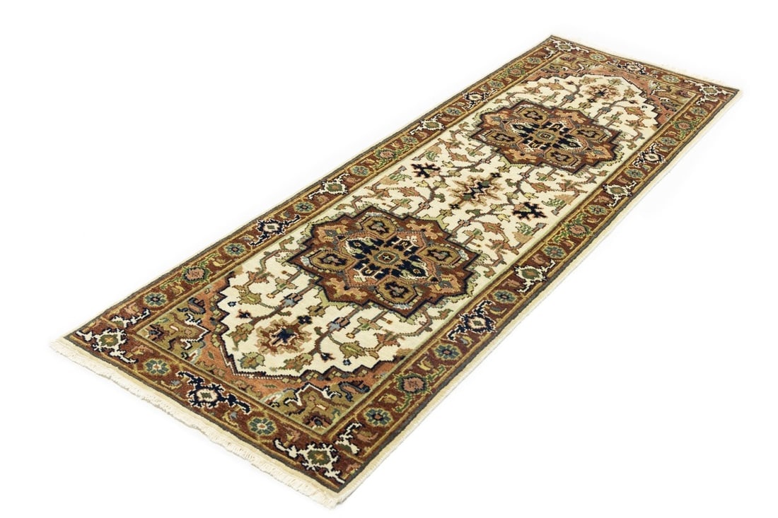 Cream Geometric 3X8 Heriz Serapi Oriental Runner Rug - 3