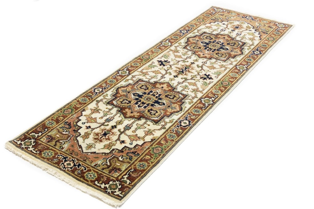 Cream Geometric 3X8 Heriz Serapi Oriental Runner Rug - 5