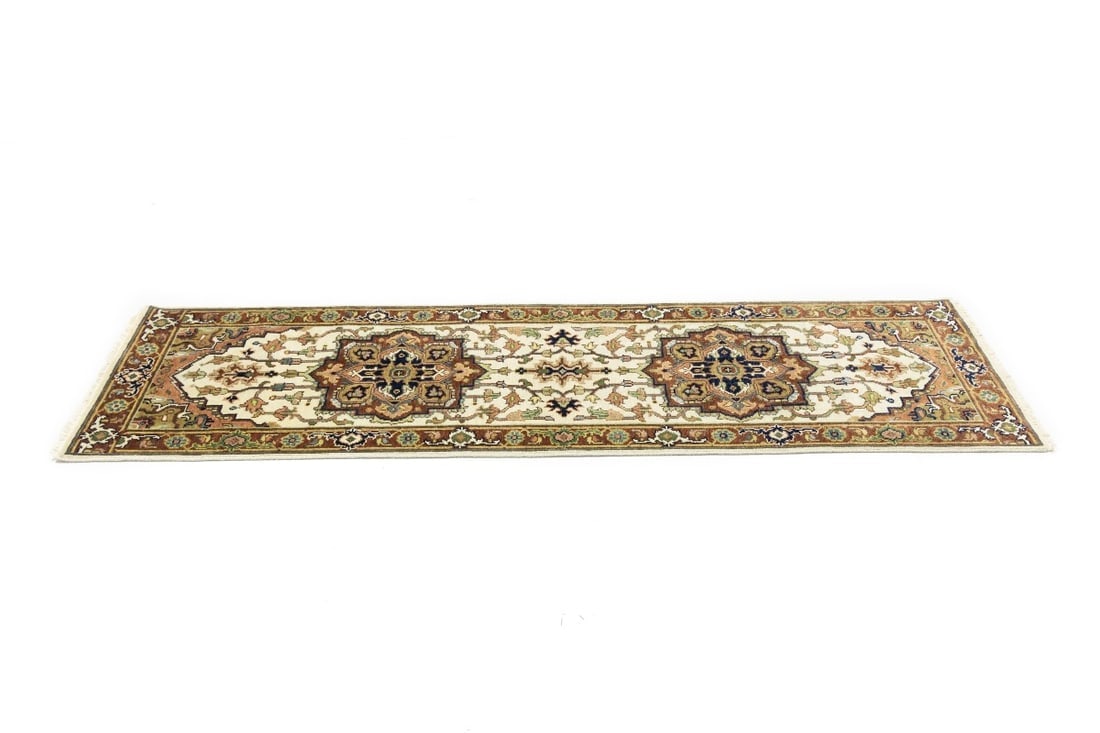 Cream Geometric 3X8 Heriz Serapi Oriental Runner Rug - 6