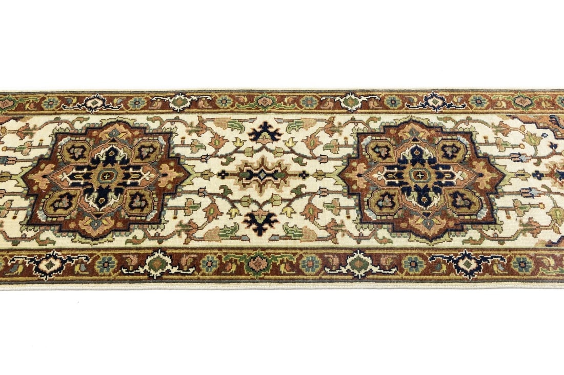 Cream Geometric 3X8 Heriz Serapi Oriental Runner Rug - 7