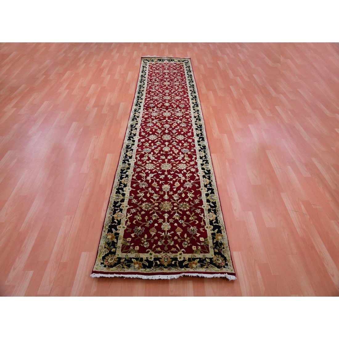 Barn Red Hand Knotted Rajasthan Design Silk Wool Runner Oriental Rug - 2