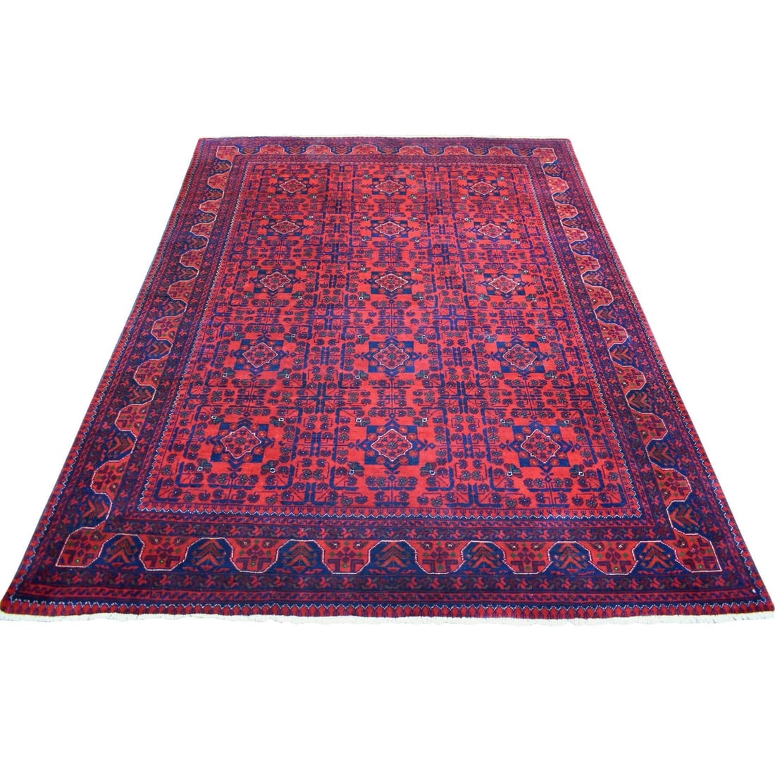 Deep and Saturated Red, Hand Knotted Afghan Khamyab Soft Wool Rug: Title: Deep and Saturated Red, Hand Knotted Afghan Khamyab Soft Wool RugDescription: This is a truly genuine one-of-a-kind. It has been Knotted for months and months in the centuries-old weaving