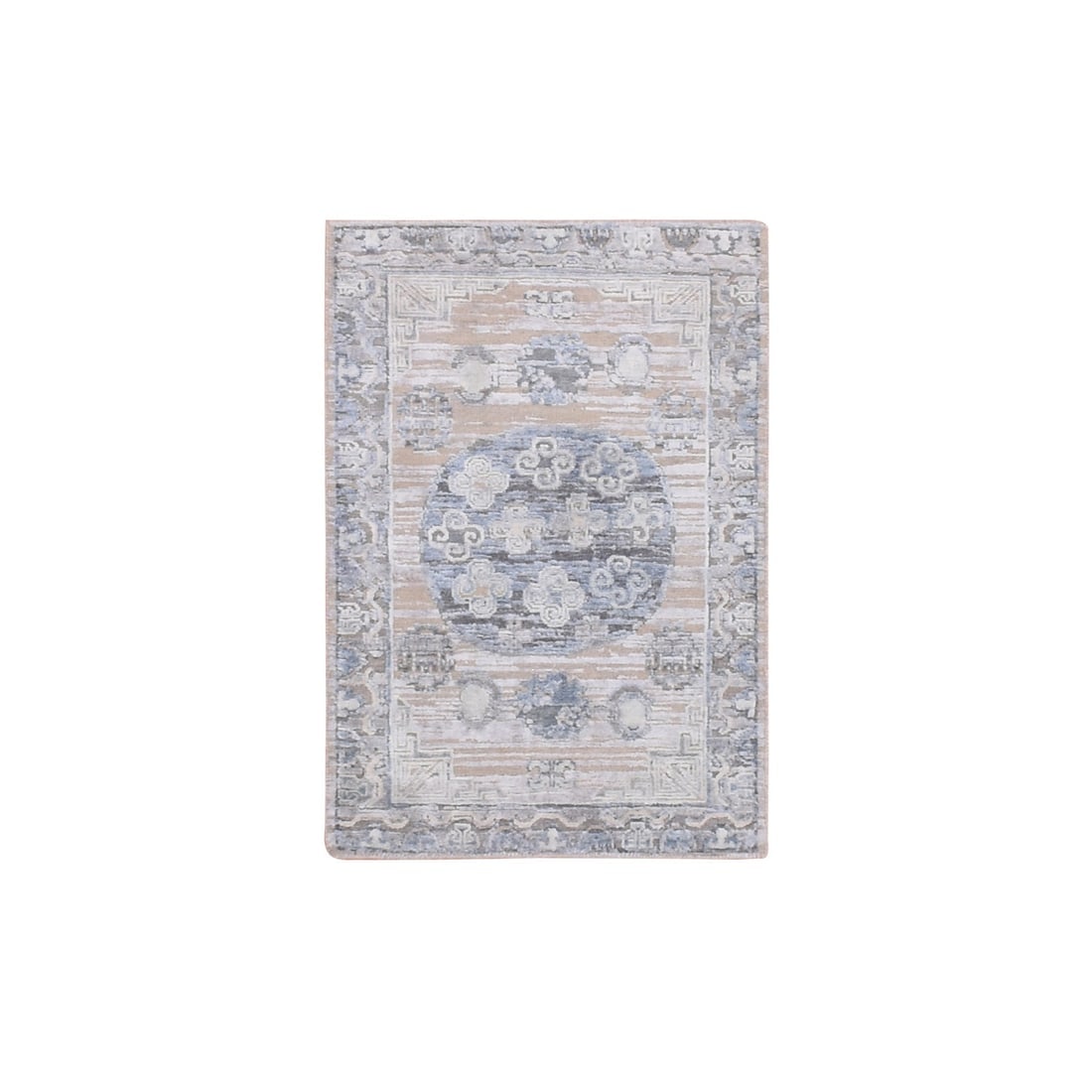 Warm Gray Khotan Design Hand Knotted Silk with Textured Wool Mat Rug: Title: Warm Gray Khotan Design Hand Knotted Silk with Textured Wool Mat RugDescription: This is a truly genuine one-of-a-kind. It has been Knotted for months and months in the centuries-old weaving