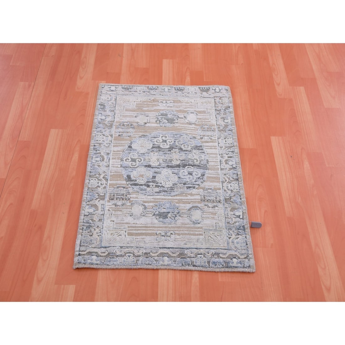 Warm Gray Khotan Design Hand Knotted Silk with Textured Wool Mat Rug - 2