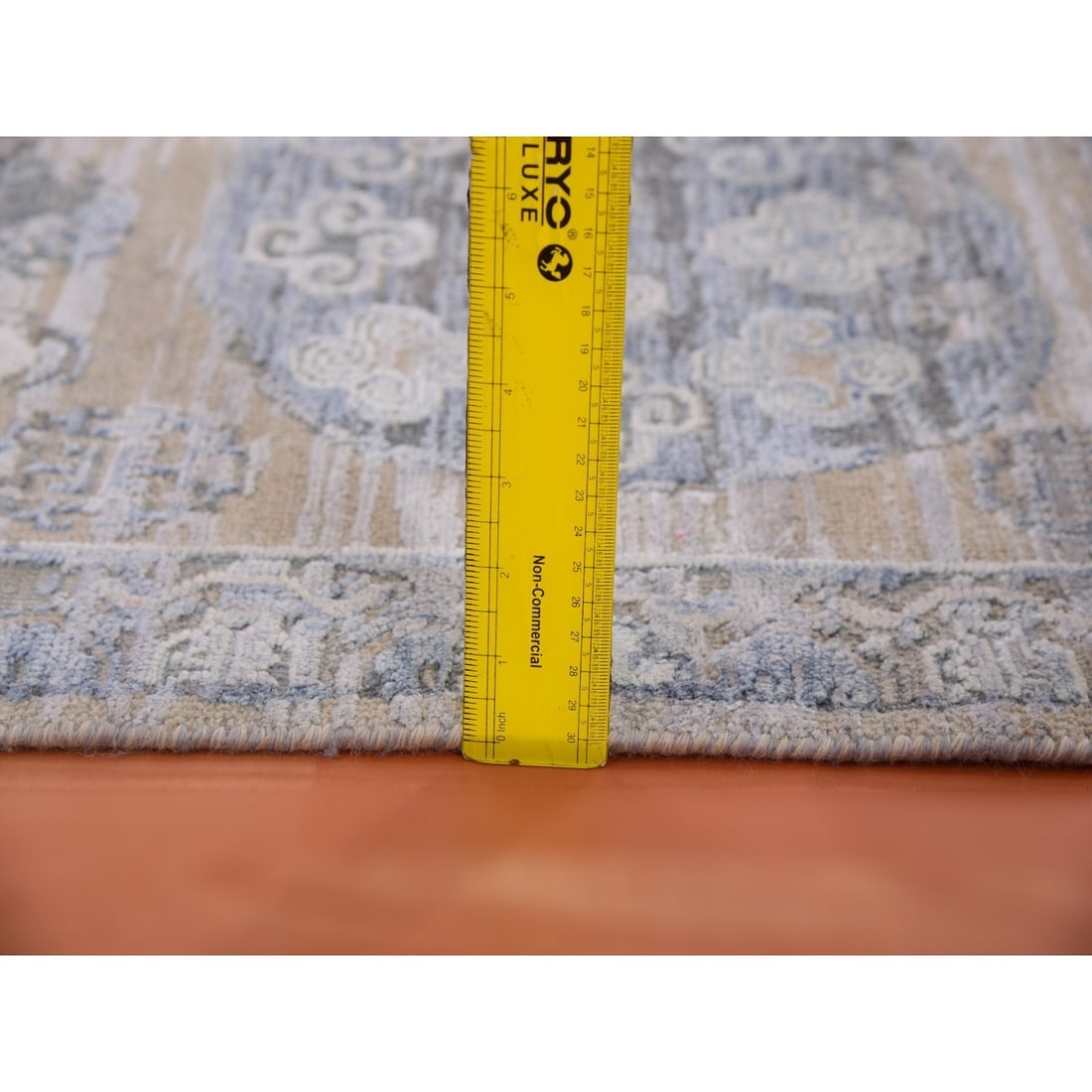 Warm Gray Khotan Design Hand Knotted Silk with Textured Wool Mat Rug - 3