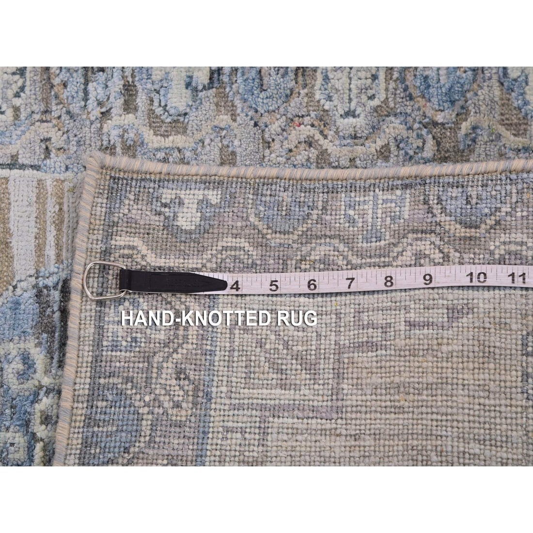 Warm Gray Khotan Design Hand Knotted Silk with Textured Wool Mat Rug - 4