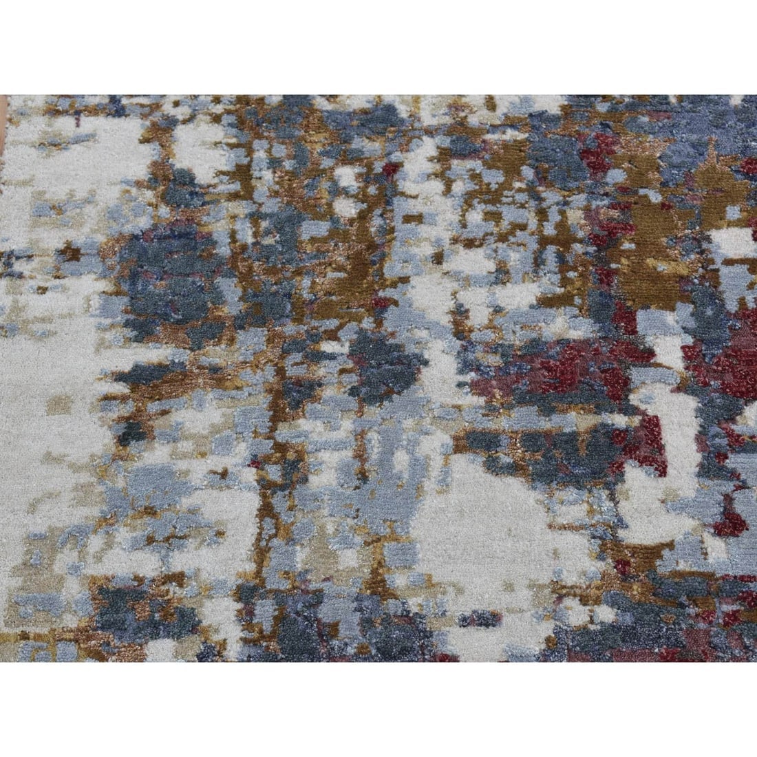 Red, Wool and Silk, Abstract Design Hand Knotted Runner Rug - 3