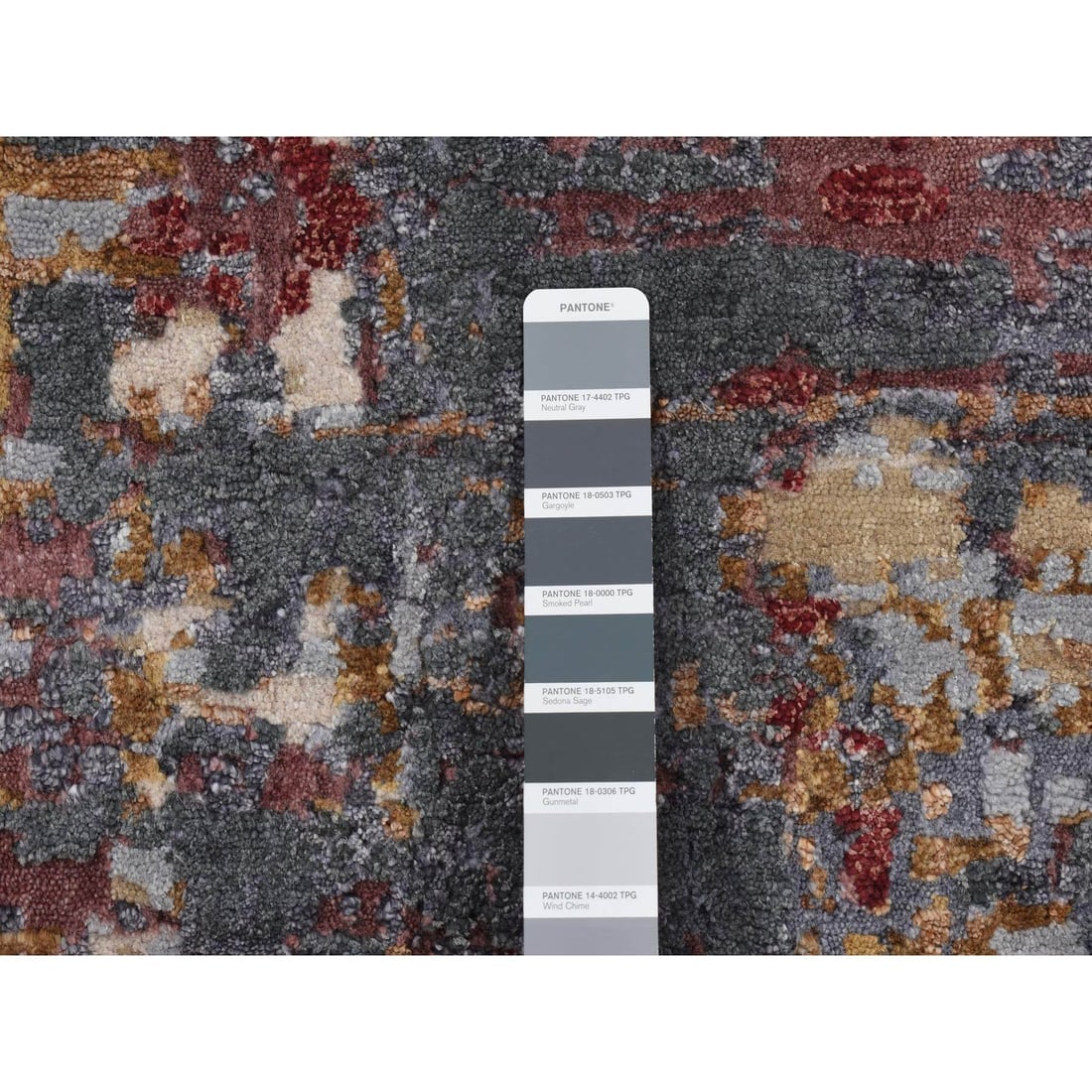 Red, Wool and Silk, Abstract Design Hand Knotted Runner Rug - 4