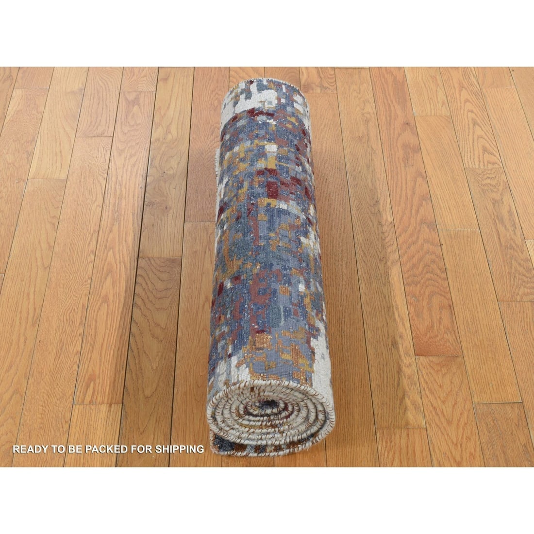 Red, Wool and Silk, Abstract Design Hand Knotted Runner Rug - 5