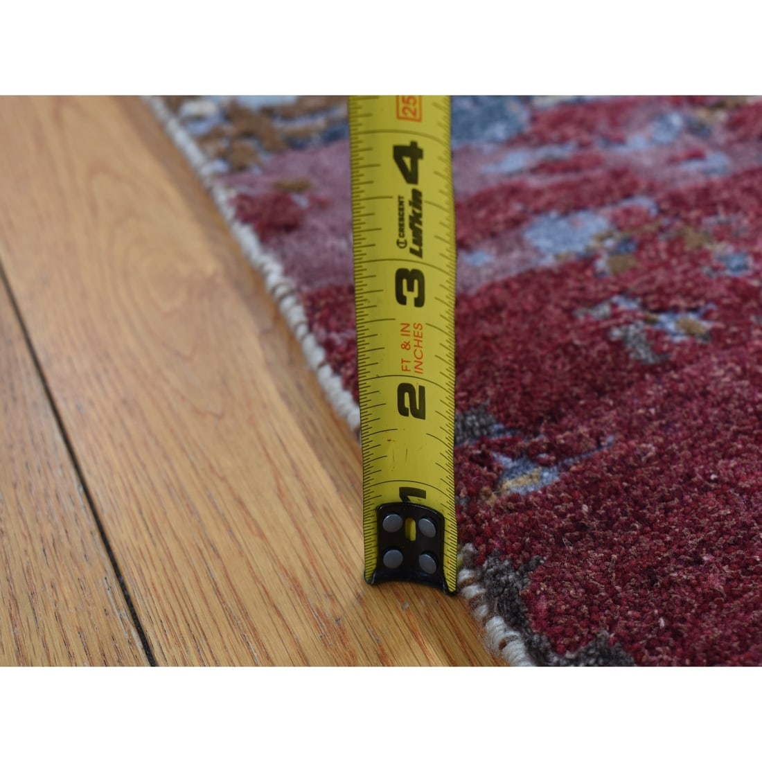 Red, Wool and Silk, Abstract Design Hand Knotted Runner Rug - 6