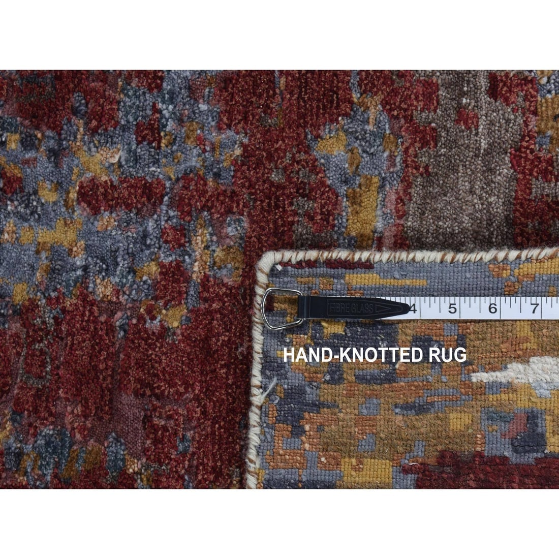 Red, Wool and Silk, Abstract Design Hand Knotted Runner Rug - 7