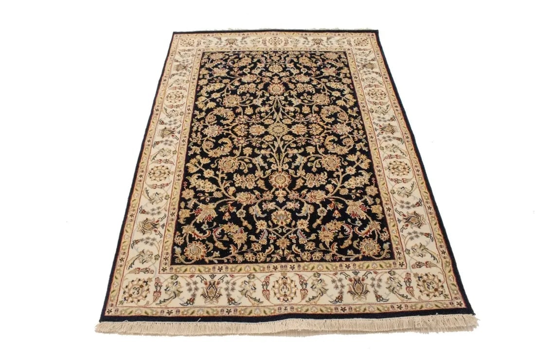 Dark Navy Floral 4X6 Indo-Nain Oriental Rug - 2