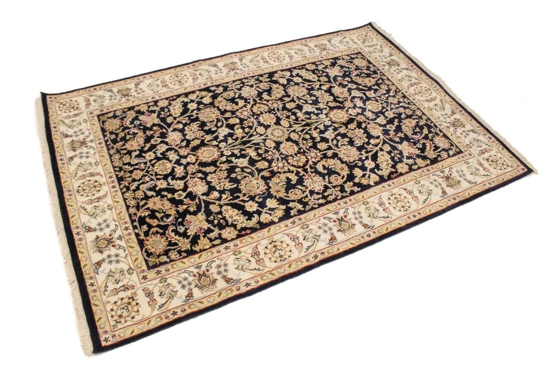 Dark Navy Floral 4X6 Indo-Nain Oriental Rug - 4