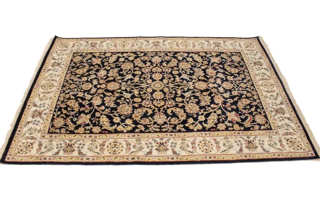 Dark Navy Floral 4X6 Indo-Nain Oriental Rug - 5