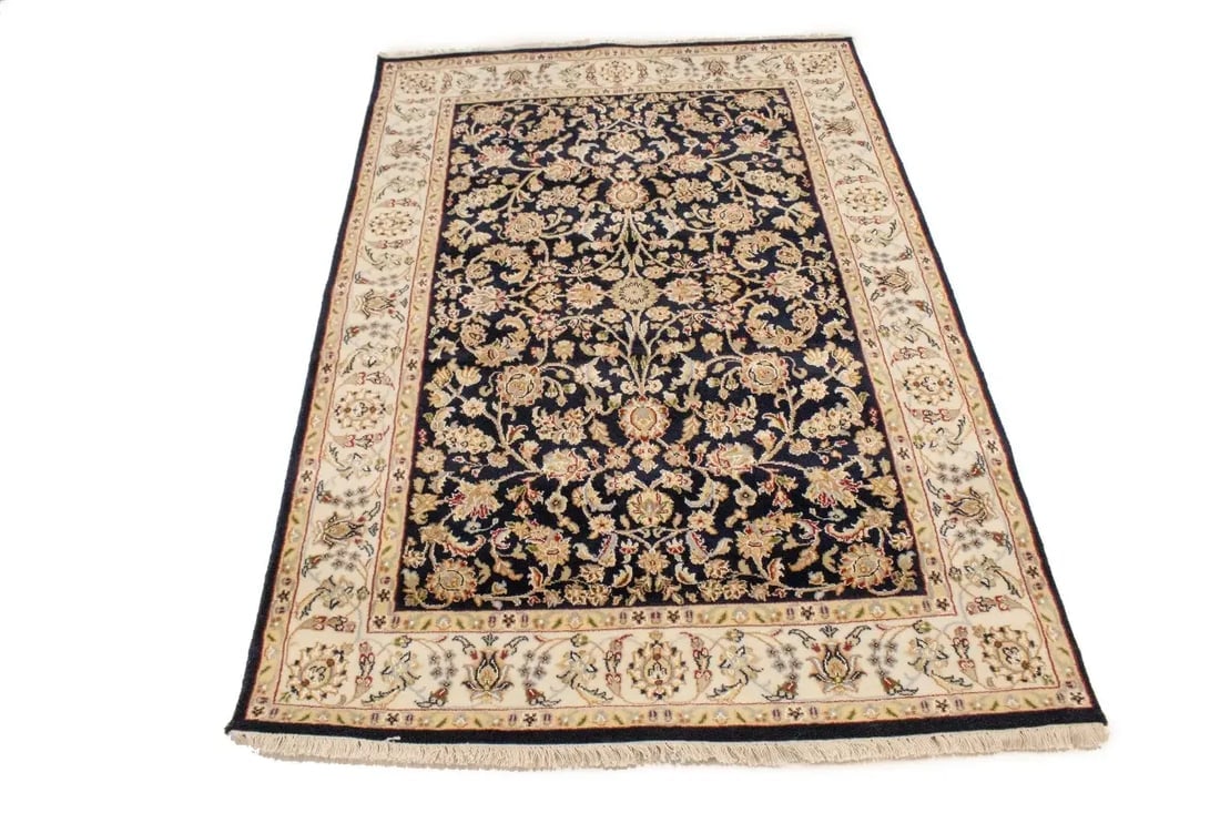 Dark Navy Floral 4X6 Indo-Nain Oriental Rug - 6