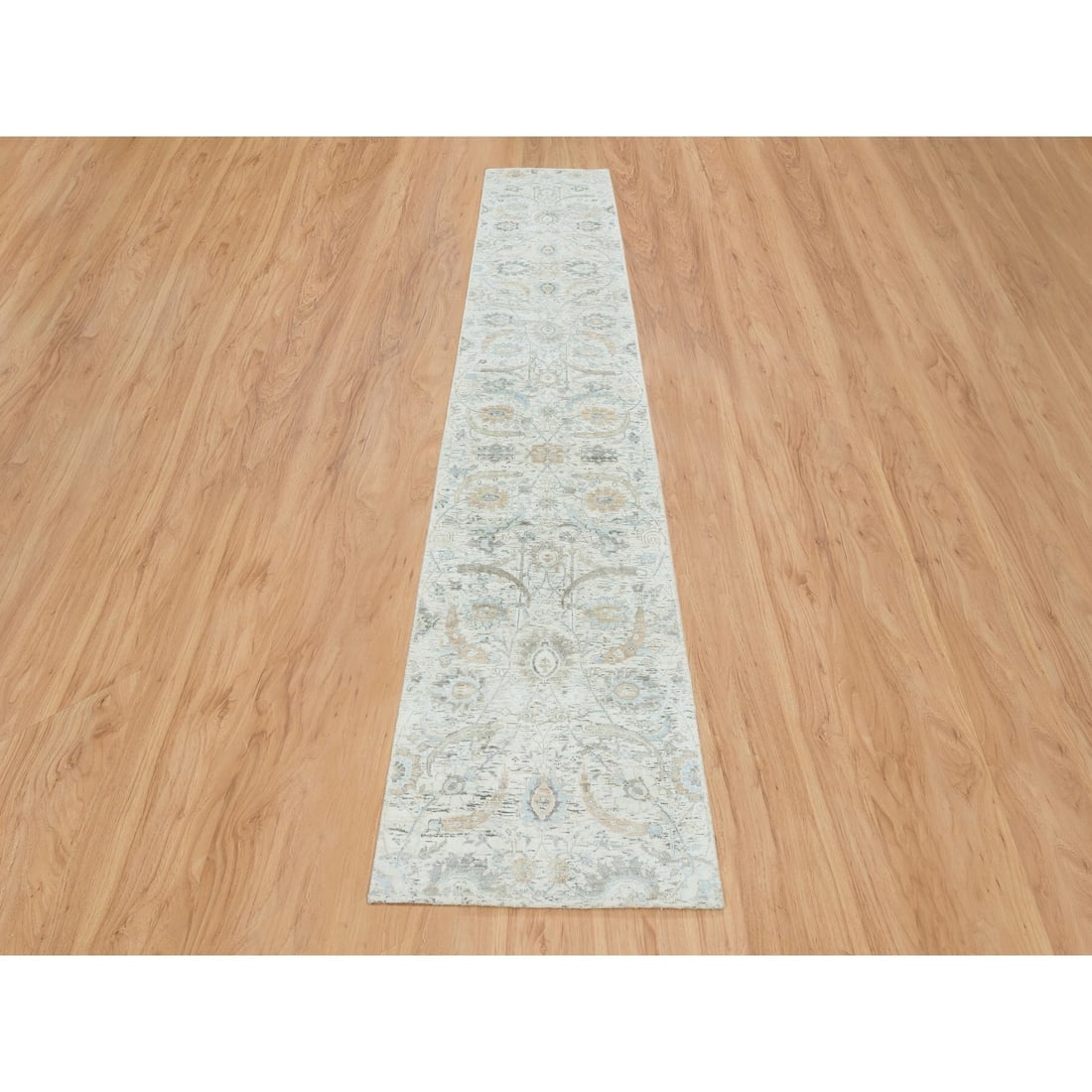 Ivory, Sickle Leaf Design, Silk/Wool with Hand Knotted, Runner Rug - 2