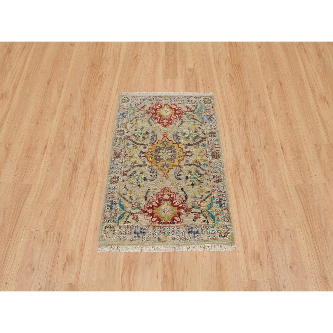 Khaki The Sunset Rosettes Wool and Silk Hand Knotted Mat Oriental Rug - 2