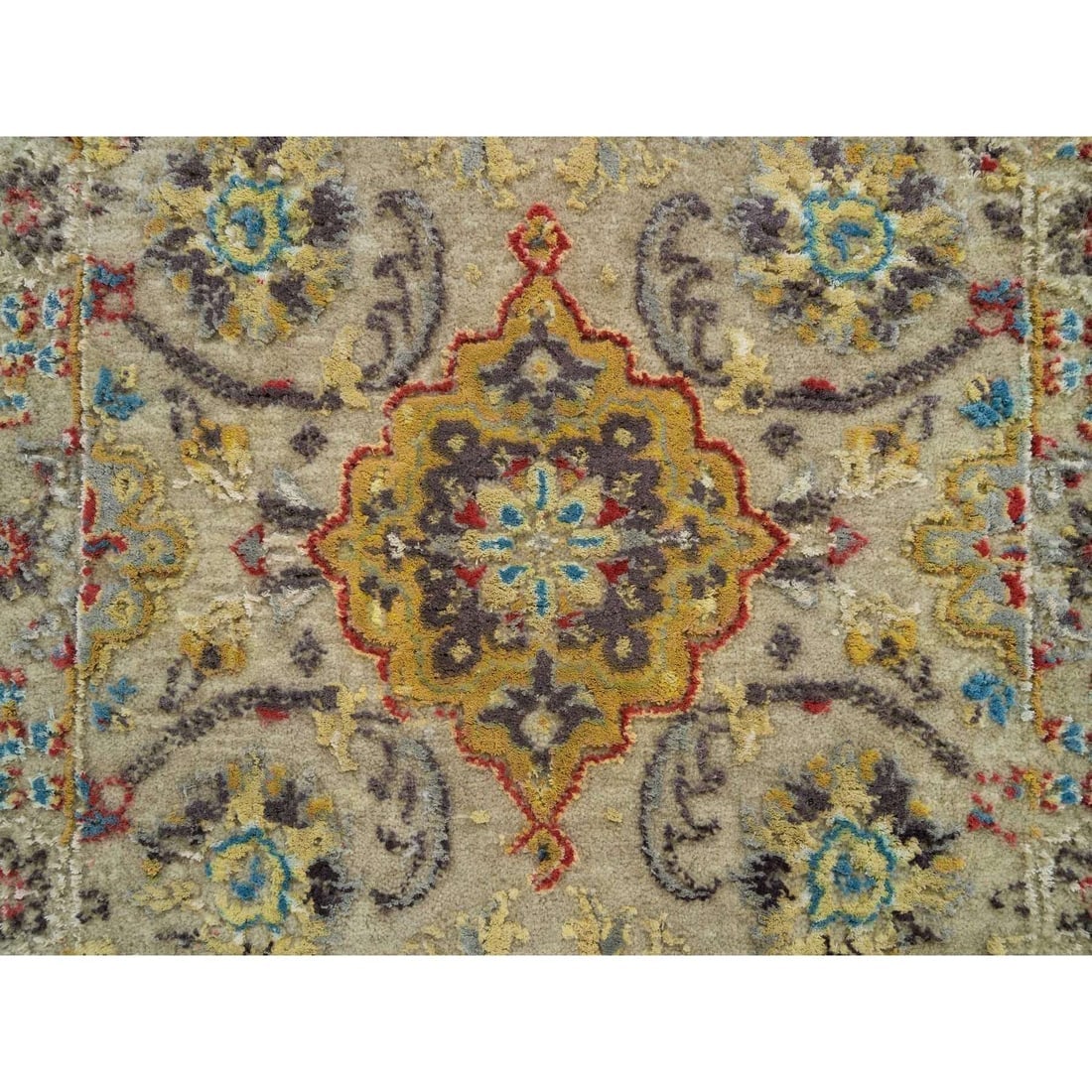 Khaki The Sunset Rosettes Wool and Silk Hand Knotted Mat Oriental Rug - 5