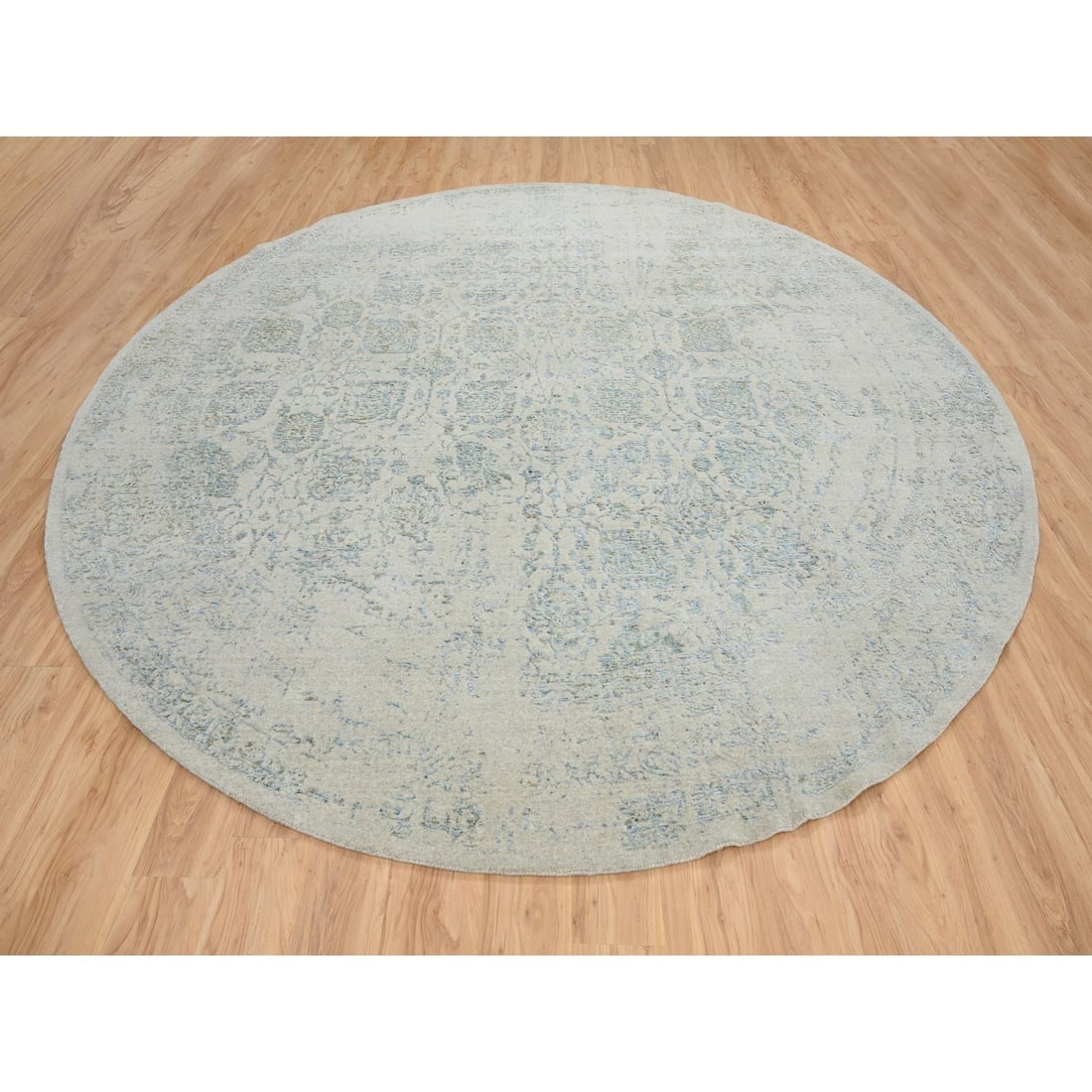 Gray, Tabriz Design, Jacquard Hand Loomed Wool and Silk Round Rug - 2