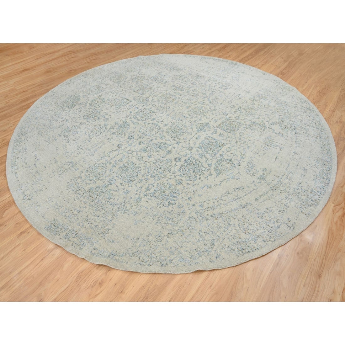Gray, Tabriz Design, Jacquard Hand Loomed Wool and Silk Round Rug - 3