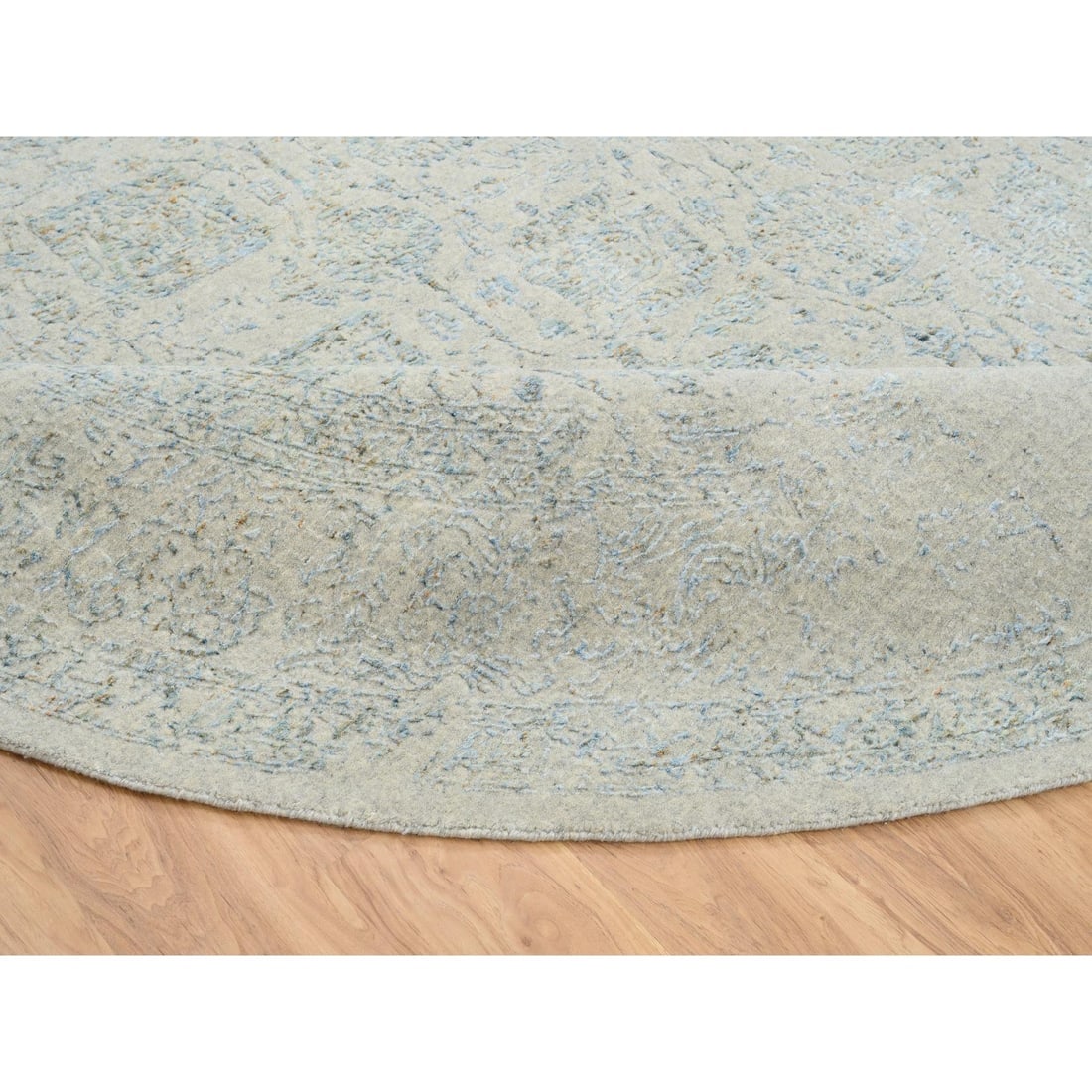 Gray, Tabriz Design, Jacquard Hand Loomed Wool and Silk Round Rug - 6