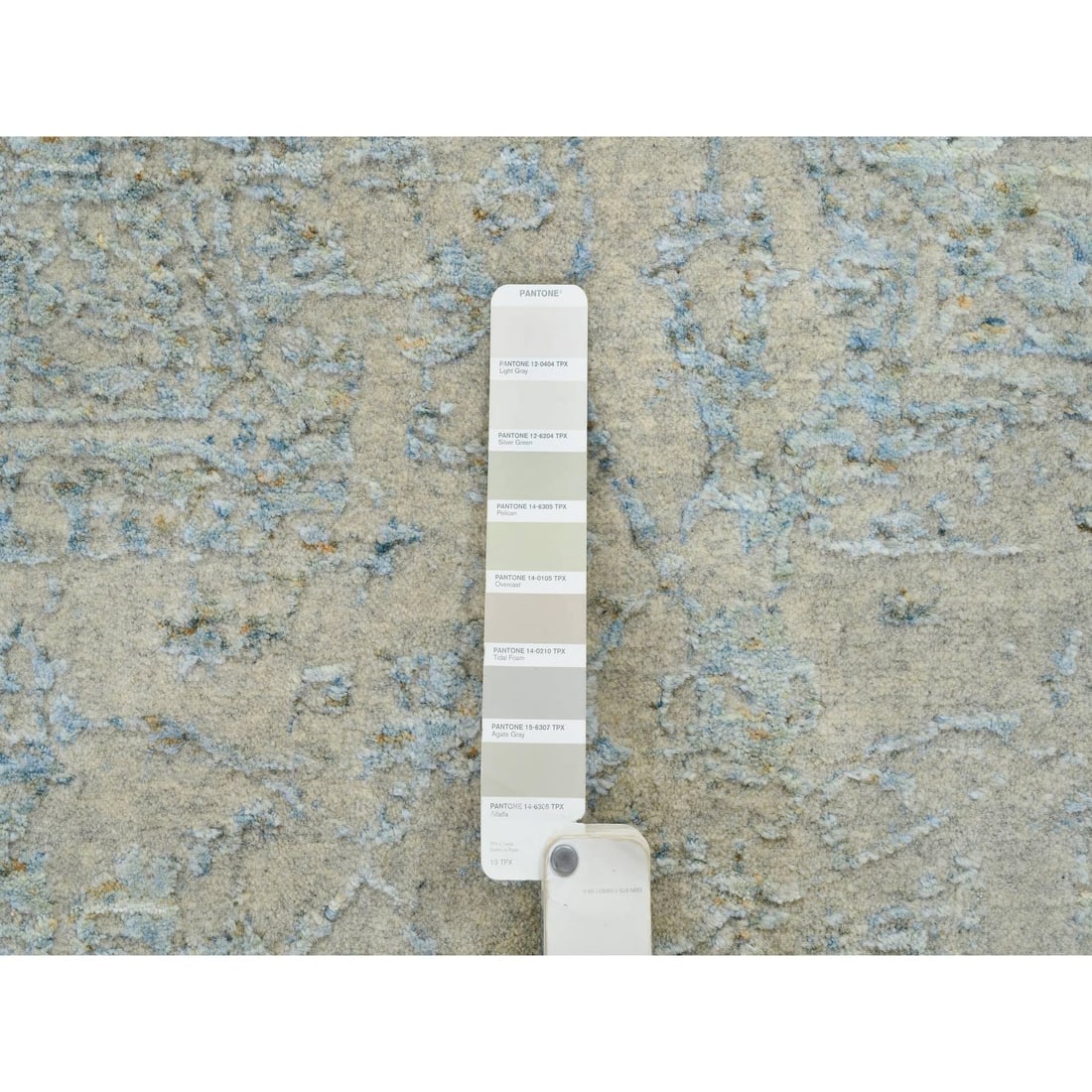 Gray, Tabriz Design, Jacquard Hand Loomed Wool and Silk Round Rug - 7