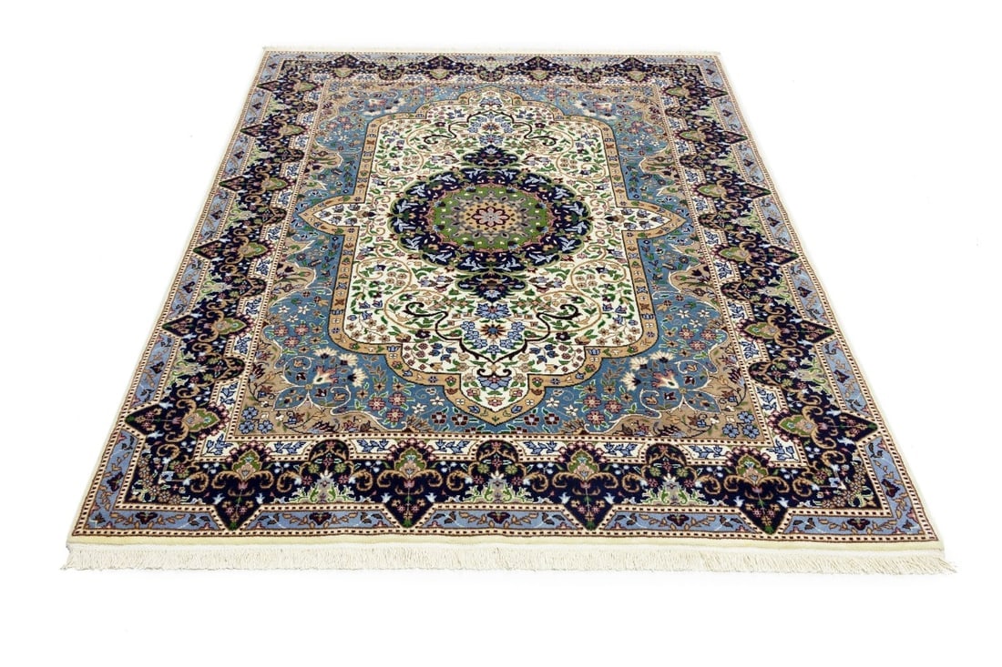 Cream & Navy Floral 6X8 Kirman Oriental Rug - 2