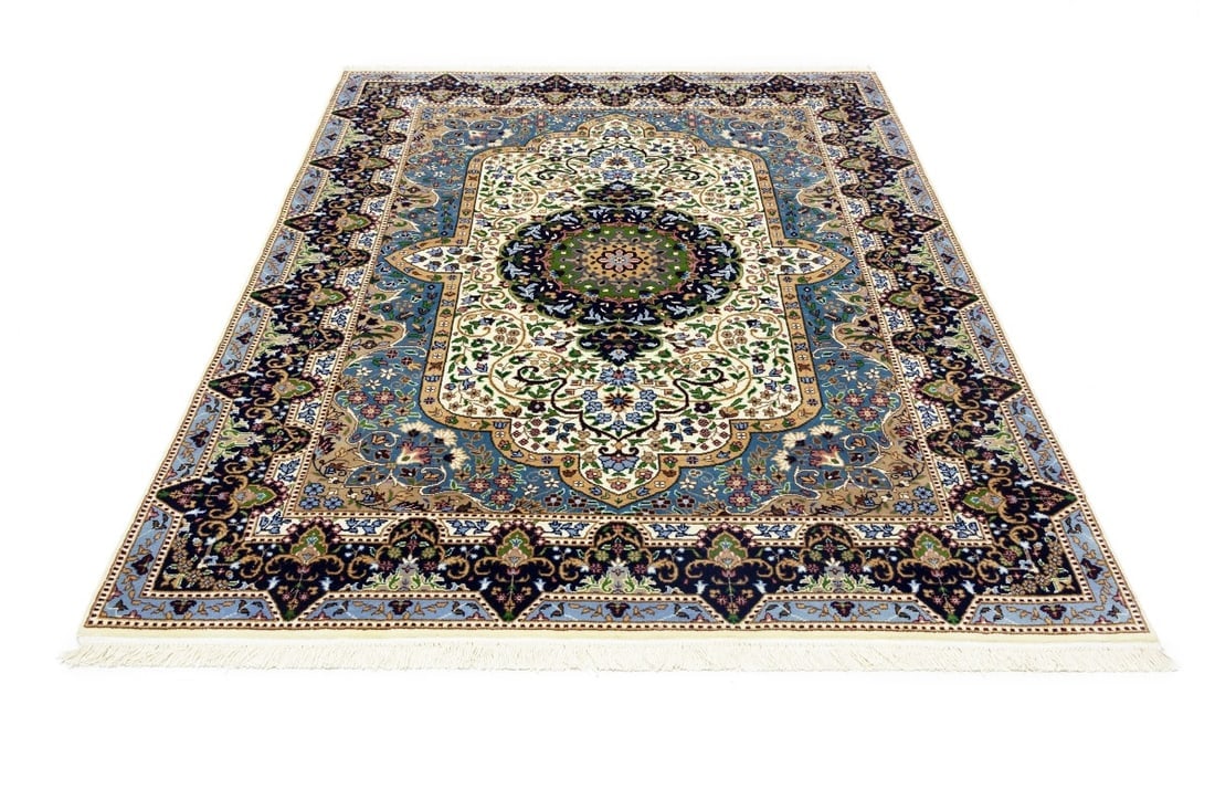 Cream & Navy Floral 6X8 Kirman Oriental Rug - 4