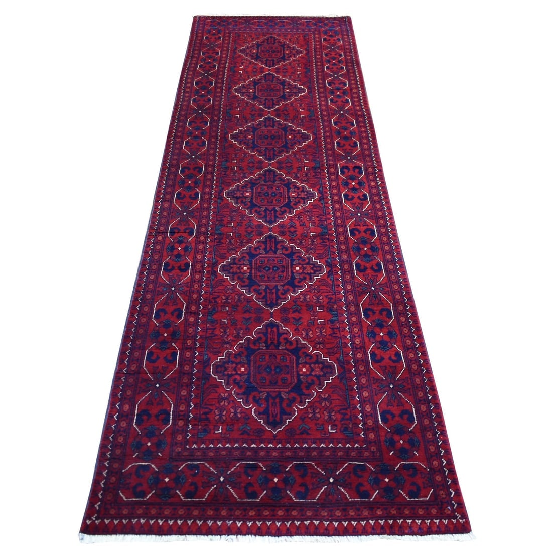 Red Afghan Khamyab Wool Tribal Design Hand Knotted Runner Oriental Rug (1 of 6)