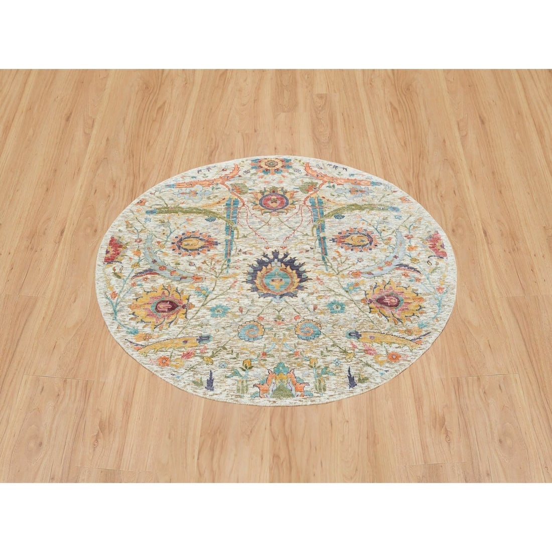Tan Hand Knotted Sickle Leaf Design Silk & Textured Wool Round Rug - 2