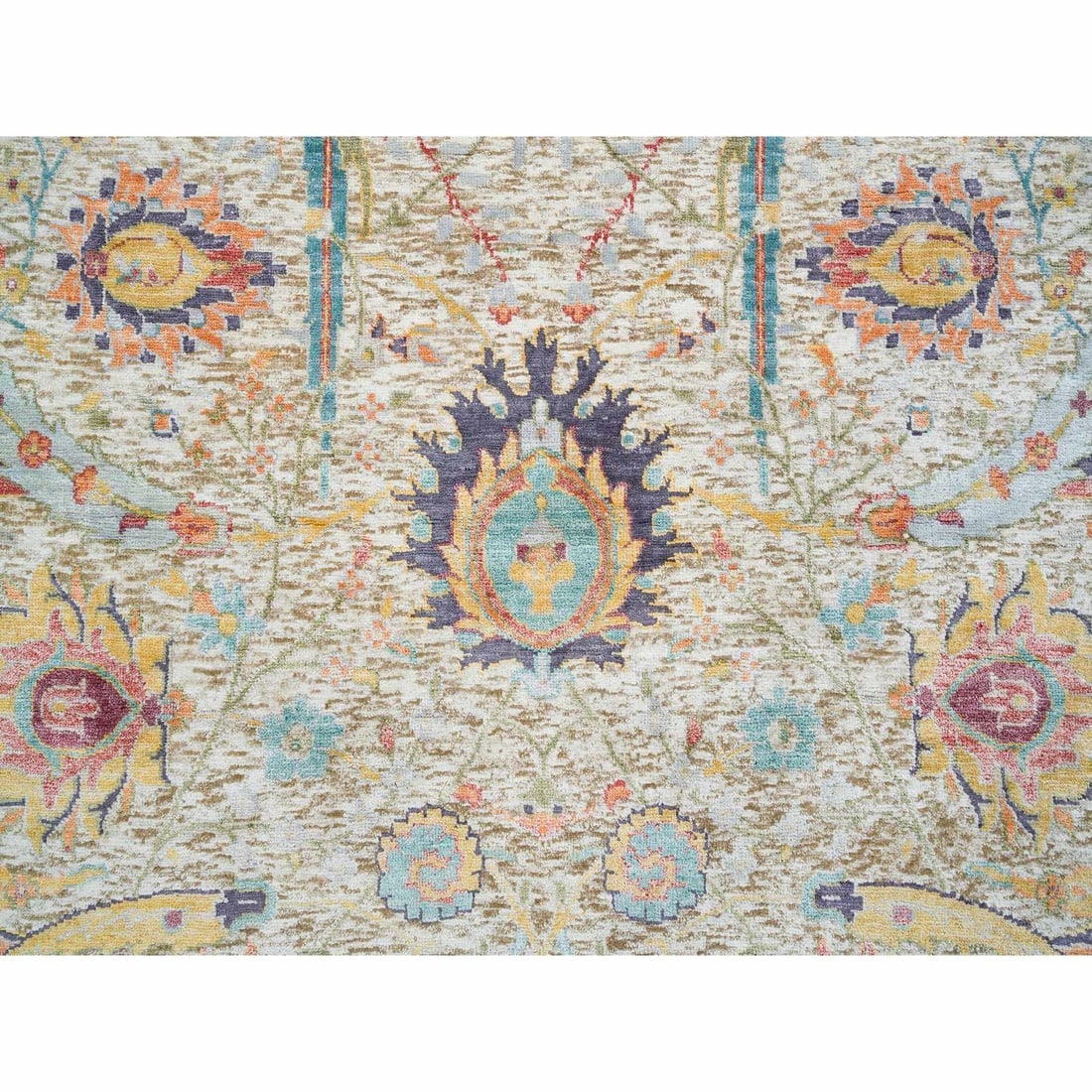 Tan Hand Knotted Sickle Leaf Design Silk & Textured Wool Round Rug - 5