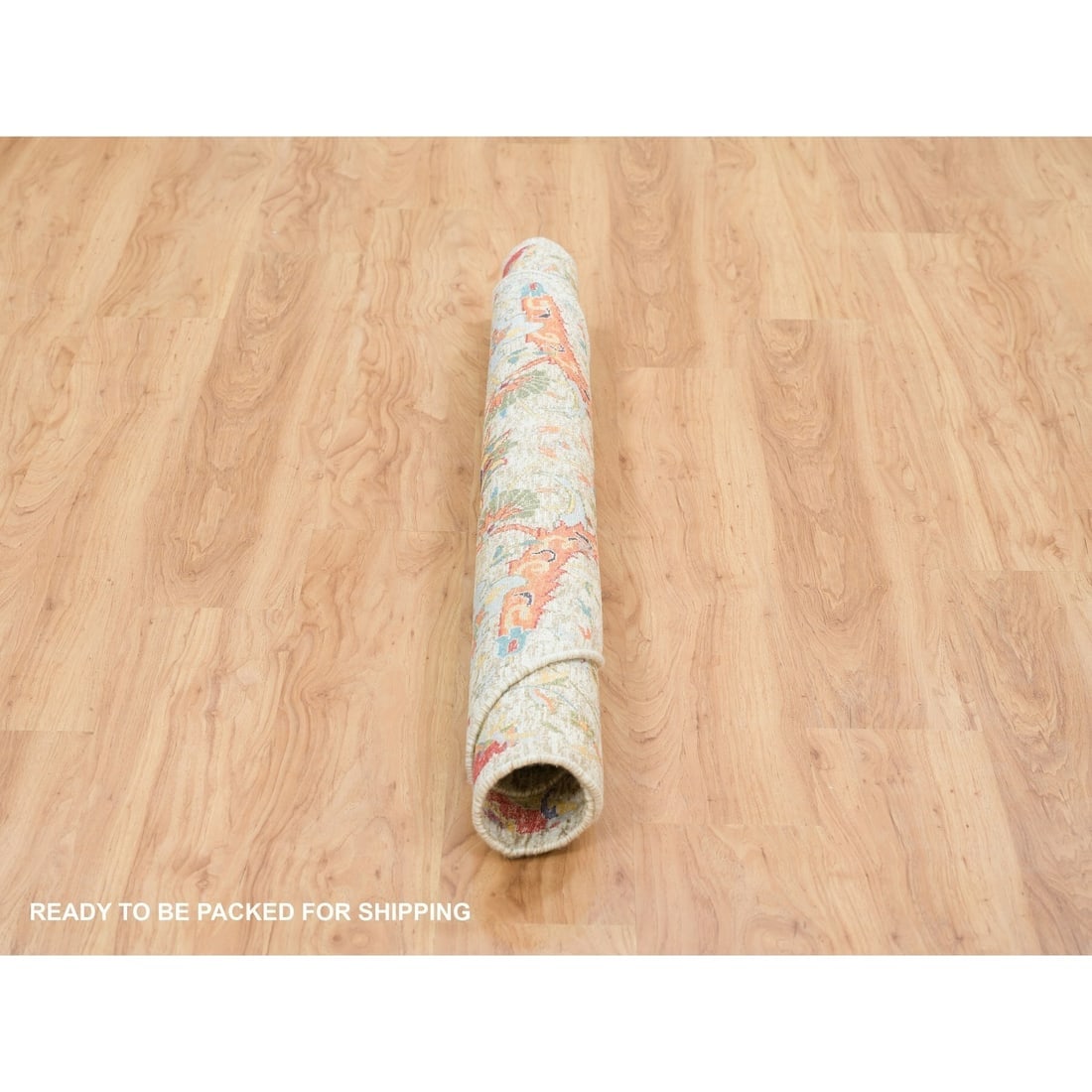 Tan Hand Knotted Sickle Leaf Design Silk & Textured Wool Round Rug - 6