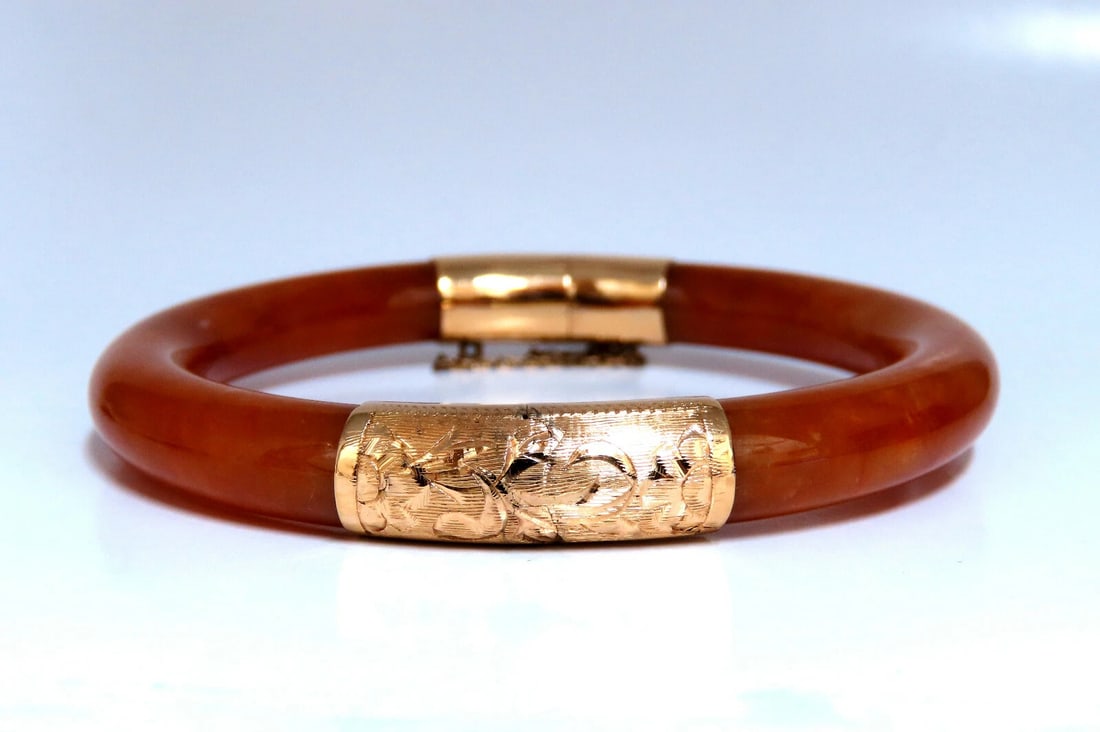 GIA Certified Natural Orange Brown Jade Bangle Bracelet 14kt** (1 of 5)