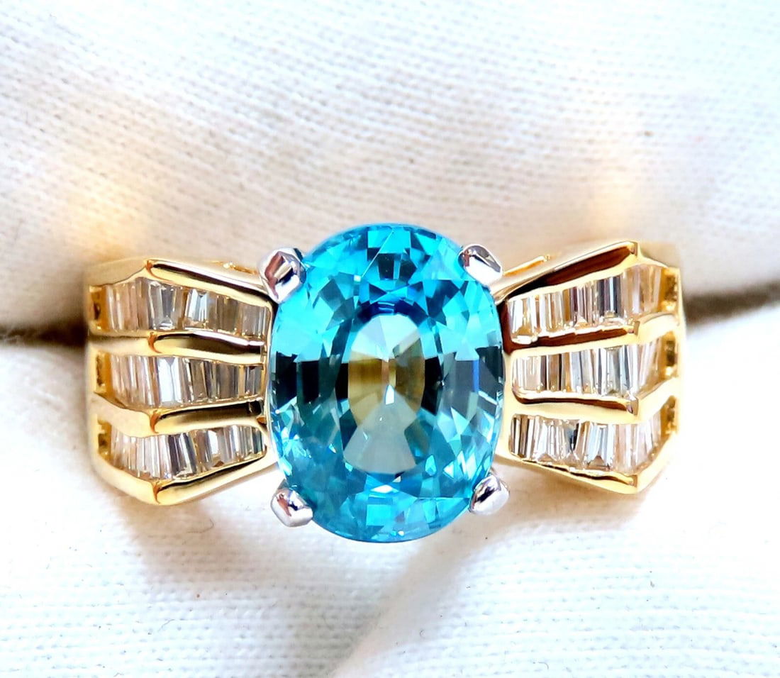 5.36 carat natural blue zircon baguette diamond ring 14kt gold - 2