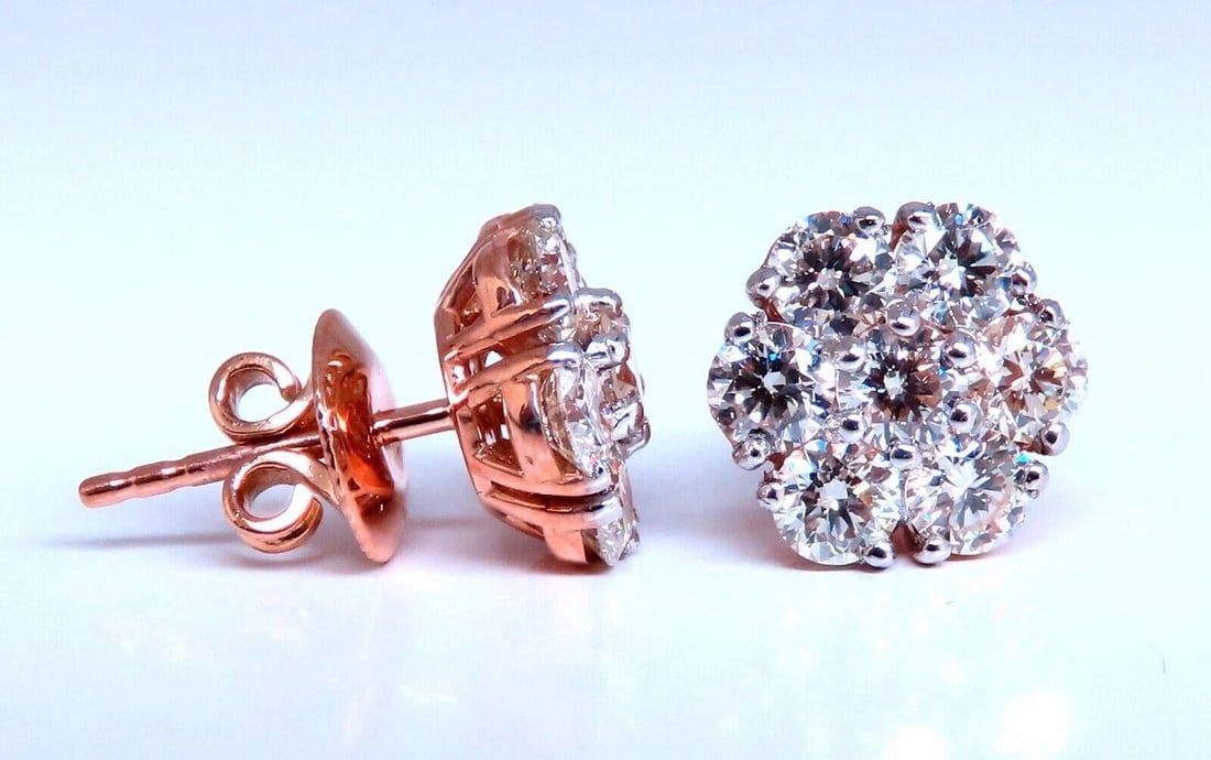 2.48ct. natural round diamond cluster earrings 14kt gold flower** - 4