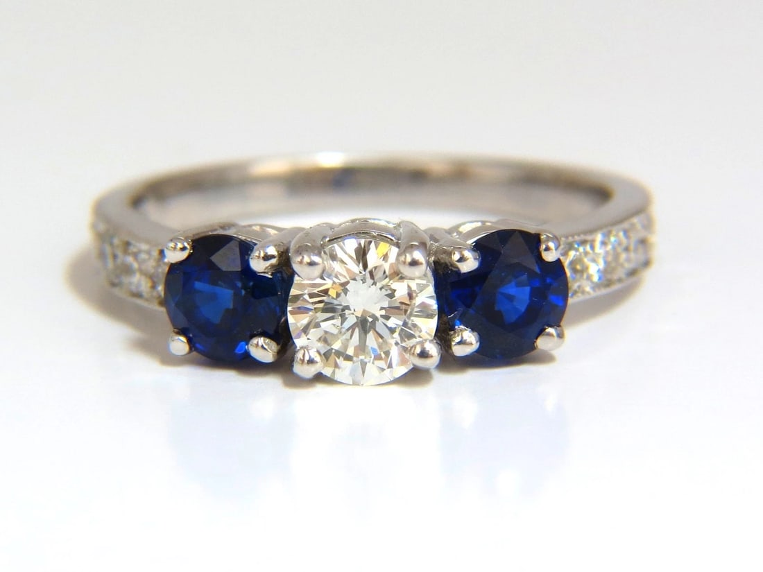 1.85ct NATURAL BLUE SAPPHIRE DIAMONDS RING 14KT CLASSIC THREE BEAD SET+ - 2
