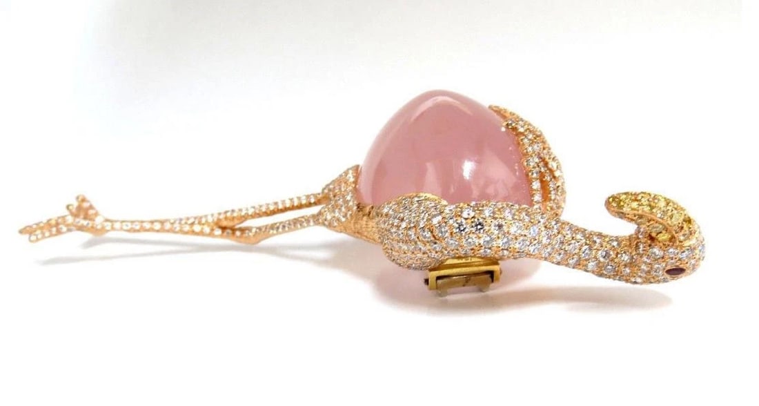 GIA Certified 178 Carat Natural Rose Quartz Flamingo Brooch Pin 18kt #12345** - 2
