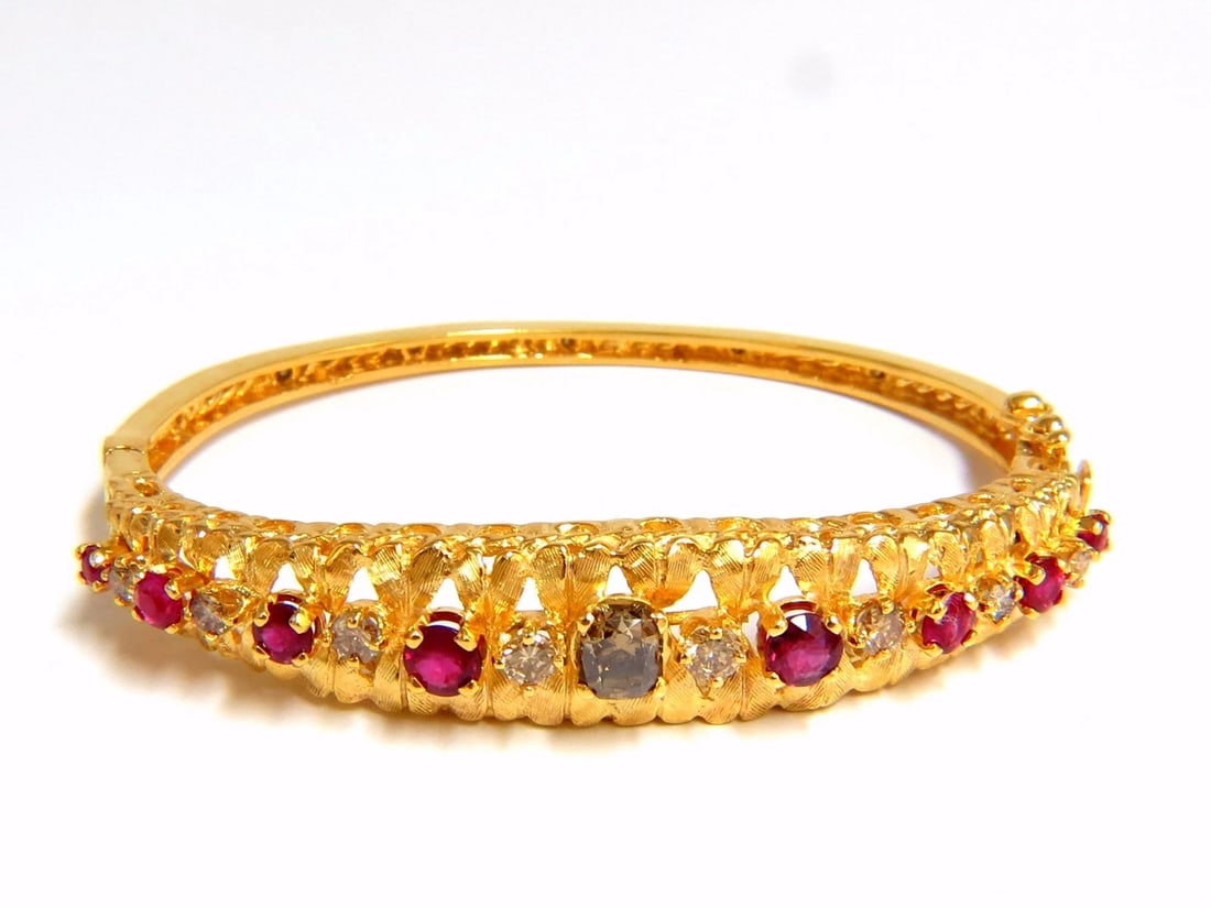 3.26CT NATURAL RUBY FANCY COLOR DIAMONDS BANGLE BRACELET EURO DECO 14kt** (1 of 7)
